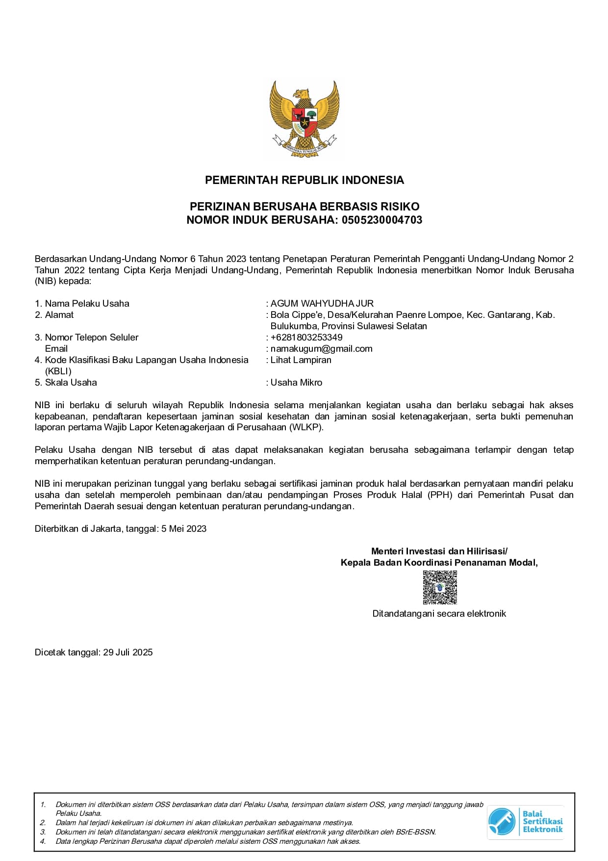 Dokumen Nomor Induk Berusaha Gingerfit+